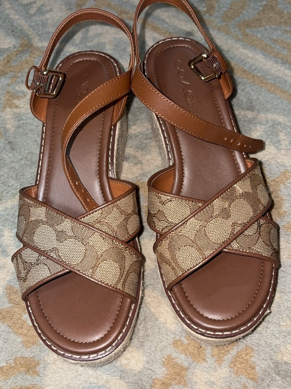 Coach Tan & Brown Signature Cross-Panel Slingback Sandals